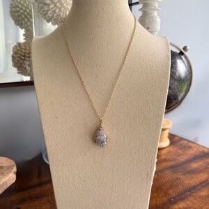 Grey Druzy Quartz Pendant Necklace - Rough Crystal Nugget with Gilded Edge